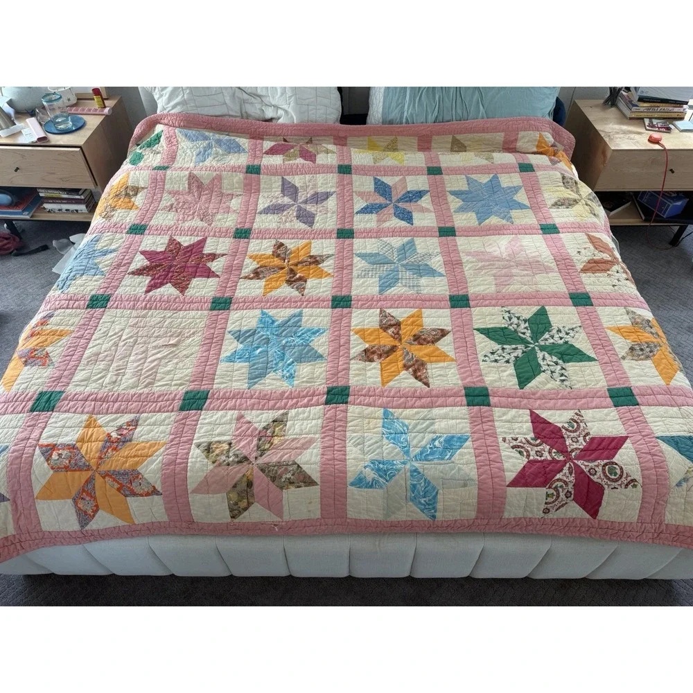 Vintage Hand Quilted Pinwheel Star Quilt 78x90 Handmade Feedsack c.1940s